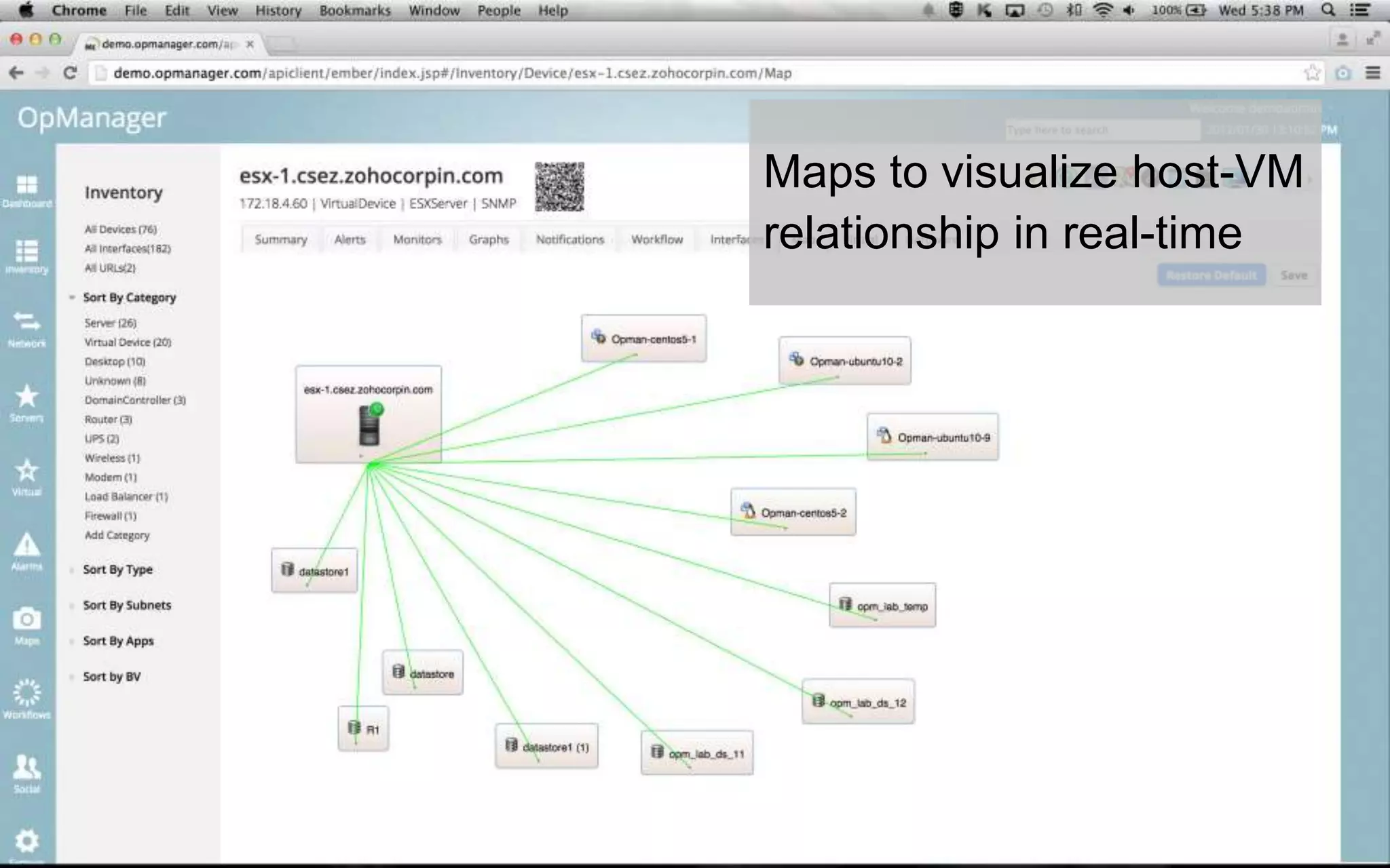 Maps to visualize host-VM
relationship in real-time