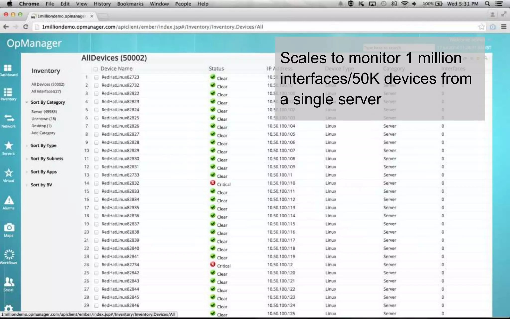 Scales to monitor 1 million
interfaces/50K devices from
a single server