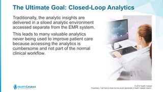 © 2016 Health Catalyst
Proprietary. Feel free to share but we would appreciate a Health Catalyst citation.
The Ultimate Goal: Closed-Loop Analytics
Traditionally, the analytic insights are
delivered in a siloed analytic environment
accessed separate from the EMR system.
This leads to many valuable analytics
never being used to improve patient care
because accessing the analytics is
cumbersome and not part of the normal
clinical workflow.
 