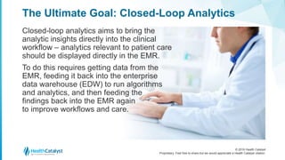 © 2016 Health Catalyst
Proprietary. Feel free to share but we would appreciate a Health Catalyst citation.
The Ultimate Goal: Closed-Loop Analytics
Closed-loop analytics aims to bring the
analytic insights directly into the clinical
workflow – analytics relevant to patient care
should be displayed directly in the EMR.
To do this requires getting data from the
EMR, feeding it back into the enterprise
data warehouse (EDW) to run algorithms
and analytics, and then feeding the
findings back into the EMR again
to improve workflows and care.
 