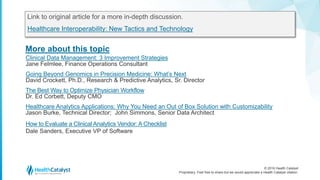 © 2016 Health Catalyst
Proprietary. Feel free to share but we would appreciate a Health Catalyst citation.
More about this topic
Link to original article for a more in-depth discussion.
Healthcare Interoperability: New Tactics and Technology
Clinical Data Management: 3 Improvement Strategies
Jane Felmlee, Finance Operations Consultant
Going Beyond Genomics in Precision Medicine: What’s Next
David Crockett, Ph.D., Research & Predictive Analytics, Sr. Director
The Best Way to Optimize Physician Workflow
Dr. Ed Corbett, Deputy CMO
Healthcare Analytics Applications: Why You Need an Out of Box Solution with Customizability
Jason Burke, Technical Director; John Simmons, Senior Data Architect
How to Evaluate a Clinical Analytics Vendor: A Checklist
Dale Sanders, Executive VP of Software
 