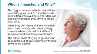 © 2016 Health Catalyst
Proprietary. Feel free to share but we would appreciate a Health Catalyst citation.
Who Is Impacted and Why?
The biggest concern with the lack of inter-
operability goes back to the patients who
benefit from improved care. Providers can
also suffer because they strive to create
ideal care.
When they don’t have all the information
about their patients, who often undergo
care elsewhere, this makes it difficult to
administer and coordinate overall care.
The added costs of trying to get relevant
data points out of EMRs ultimately trickles
down to the patient.
 