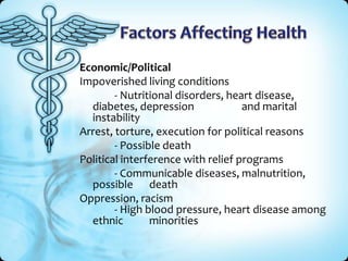 Economic/Political
Impoverished living conditions
        - Nutritional disorders, heart disease,
  diabetes, depression  ...