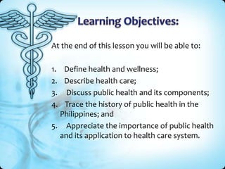 At the end of this lesson you will be able to:

1. Define health and wellness;
2. Describe health care;
3. Discuss public ...