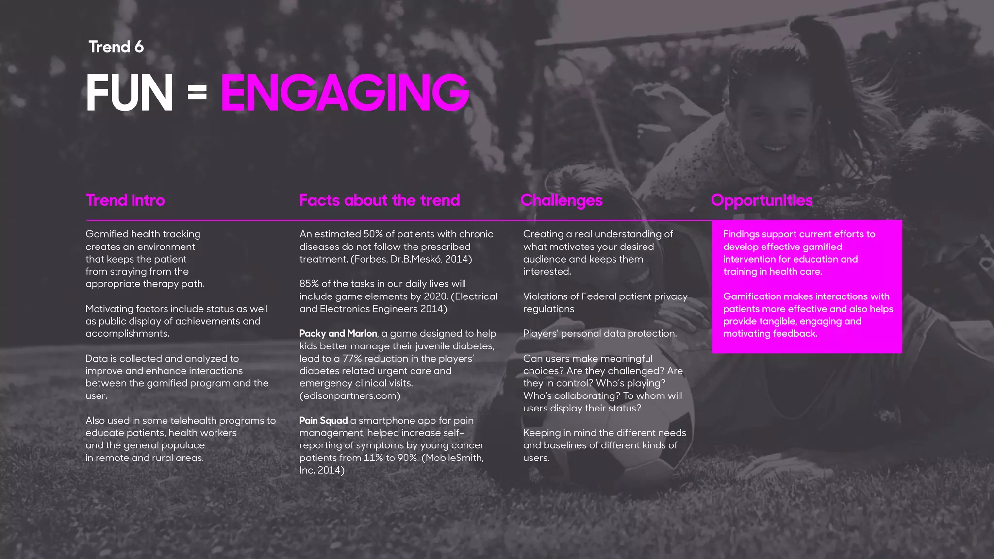 Trend intro Facts about the trend Challenges Opportunities
An estimated 50% of patients with chronic
diseases do not follow the prescribed
treatment. (Forbes, Dr.B.Meskó, 2014)
85% of the tasks in our daily lives will
include game elements by 2020. (Electrical
and Electronics Engineers 2014)
Packy and Marlon, a game designed to help
kids better manage their juvenile diabetes,
lead to a 77% reduction in the players’
diabetes related urgent care and
emergency clinical visits.
(edisonpartners.com)
Pain Squad a smartphone app for pain
management, helped increase self-
reporting of symptoms by young cancer
patients from 11% to 90%. (MobileSmith,
Inc. 2014)
Creating a real understanding of
what motivates your desired
audience and keeps them
interested.
Violations of Federal patient privacy
regulations
Players’ personal data protection.
Can users make meaningful
choices? Are they challenged? Are
they in control? Who’s playing?
Who’s collaborating? To whom will
users display their status?
Keeping in mind the different needs
and baselines of different kinds of
users.
Findings support current efforts to
develop effective gamified
intervention for education and
training in health care.
Gamification makes interactions with
patients more effective and also helps
provide tangible, engaging and
motivating feedback.
Gamified health tracking
creates an environment
that keeps the patient
from straying from the
appropriate therapy path.
Motivating factors include status as well
as public display of achievements and
accomplishments.
Data is collected and analyzed to
improve and enhance interactions
between the gamified program and the
user.
Also used in some telehealth programs to
educate patients, health workers
and the general populace
in remote and rural areas.
FUN = ENGAGING
Trend 6
 