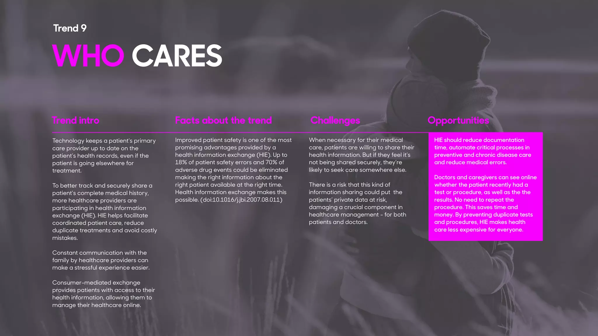 Trend intro Facts about the trend Challenges Opportunities
Technology keeps a patient’s primary
care provider up to date on the
patient’s health records, even if the
patient is going elsewhere for
treatment.
To better track and securely share a
patient’s complete medical history,
more healthcare providers are
participating in health information
exchange (HIE). HIE helps facilitate
coordinated patient care, reduce
duplicate treatments and avoid costly
mistakes.
Constant communication with the
family by healthcare providers can
make a stressful experience easier.
Consumer-mediated exchange
provides patients with access to their
health information, allowing them to
manage their healthcare online.
Improved patient safety is one of the most
promising advantages provided by a
health information exchange (HIE). Up to
18% of patient safety errors and 70% of
adverse drug events could be eliminated
making the right information about the
right patient available at the right time.
Health information exchange makes this
possible. (doi:10.1016/j.jbi.2007.08.011)
When necessary for their medical
care, patients are willing to share their
health information. But if they feel it’s
not being shared securely, they’re
likely to seek care somewhere else.
There is a risk that this kind of
information sharing could put the
patients’ private data at risk,
damaging a crucial component in
healthcare management - for both
patients and doctors.
HIE should reduce documentation
time, automate critical processes in
preventive and chronic disease care
and reduce medical errors.
Doctors and caregivers can see online
whether the patient recently had a
test or procedure, as well as the the
results. No need to repeat the
procedure. This saves time and
money. By preventing duplicate tests
and procedures, HIE makes health
care less expensive for everyone.
WHO CARES
Trend 9
 