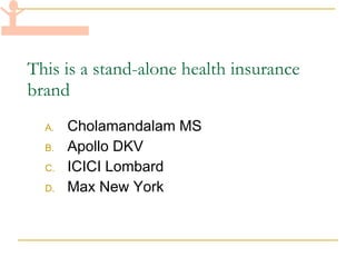 This is a stand-alone health insurance brand Cholamandalam MS Apollo DKV ICICI Lombard Max New York 