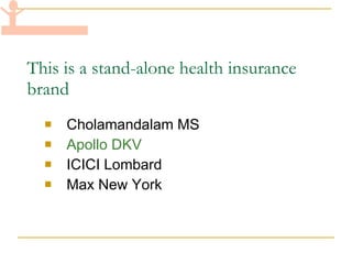 This is a stand-alone health insurance brand Cholamandalam MS Apollo DKV ICICI Lombard Max New York 