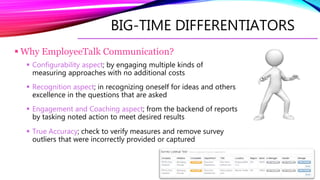 BIG-TIME DIFFERENTIATORS
 Why EmployeeTalk Communication?
 Configurability aspect; by engaging multiple kinds of
measuring approaches with no additional costs
 Recognition aspect; in recognizing oneself for ideas and others
excellence in the questions that are asked
 Engagement and Coaching aspect; from the backend of reports
by tasking noted action to meet desired results
 True Accuracy; check to verify measures and remove survey
outliers that were incorrectly provided or captured
 