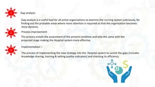 The process entails the assessment of the present condition and tally the same with the
projected stage making the Hospital system more effective.
Gap analysis-
Gap analysis is a useful tool for all active organizations to examine the running system judiciously, for
finding out the probable areas where more attention is required so that the organization becomes
more dynamic.
Process improvement
Implementation –
The process of implementing the new strategy into the Hospital system to vanish the gaps (includes
knowledge sharing, training & setting quality indicators) and checking its efficiency
1
3
2
 