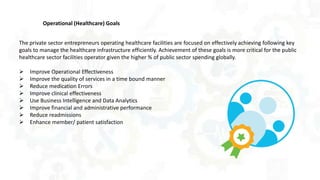 Operational (Healthcare) Goals
The private sector entrepreneurs operating healthcare facilities are focused on effectively achieving following key
goals to manage the healthcare infrastructure efficiently. Achievement of these goals is more critical for the public
healthcare sector facilities operator given the higher % of public sector spending globally.
 Improve Operational Effectiveness
 Improve the quality of services in a time bound manner
 Reduce medication Errors
 Improve clinical effectiveness
 Use Business Intelligence and Data Analytics
 Improve financial and administrative performance
 Reduce readmissions
 Enhance member/ patient satisfaction
 