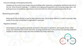 Hospitals are the second most energy-intensive buildings after restaurants, and globally, healthcare costs are on
the rise. These financial challenges— in addition to an aging world population and increasing energy costs—are
putting pressure on healthcare organizations to do more with less without compromising quality of care.
Financial challenges and hospital productivity:
Reducing the risk of infection, as well as other potential risks, such as power failures, is crucial in ensuring a high
quality of care and maintaining the organization’s reputation.
Maintaining patient safety:
Noncompliance with regulatory standards can lead to a disruption in operations, poor quality of care, safety
issues, and substantial fines. At the same time, as energy demand rises, many countries are requiring healthcare
facilities to reduce carbon output and meet mandates for energy reductions.
Regulatory standards
 