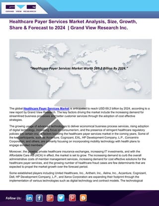Follow Us:
Healthcare Payer Services Market Analysis, Size, Growth,
Share & Forecast to 2024 | Grand View Research Inc.
The global Healthcare Payer Services Market is anticipated to reach USD 69.2 billion by 2024, according to a
new report by Grand View Research. The key factors driving the market include the increasing demand for
streamlined business processes and better customer services through the adoption of cost effective
strategies.
The growing usage of advanced technologies to deliver economical business process services, rising adoption
of digital technology, increasing focus on consumerism, and the presence of stringent healthcare regulatory
policies are certain crucial factors boosting the healthcare payer services market in the coming years. Some of
the key participants, such as Accenture, Cognizant, EXL, HP Development Company, L.P., Concentrix
Corporation, and others, are primarily focusing on incorporating mobility technology with health plans to
engage enrolled members.
Moreover, the growing private healthcare insurance exchanges, increasing IT investments, and with the
Affordable Care Act (ACA) in effect, the market is set to grow. The increasing demand to curb the overall
administrative costs of member management services, increasing demand for cost effective solutions for the
healthcare payer services, and the growing number of healthcare fraud cases are few determinants that are
expected to propel the market growth over the forecast period.
Some established players including United Healthcare, Inc., Anthem, Inc., Aetna, Inc., Accenture, Cognizant,
Dell, HP Development Company, L.P., and Xerox Corporation are expanding their footprint through the
implementation of various technologies such as digital technology and contract models. The technological
“Healthcare Payer Services Market Worth $69.2 Billion By 2024.”
 