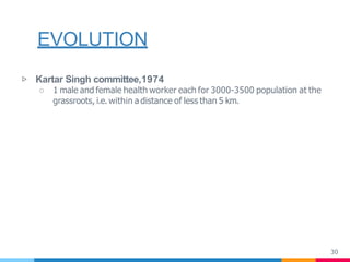 EVOLUTION
30
▷ Kartar Singh committee,1974
○ 1 male and female health worker each for 3000-3500 population at the
grassroots, i.e. within a distance of less than 5 km.
 
