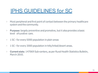 IPHS GUIDELINES for SC
31
▷ Most peripheral and ﬁrst point of contact between the primary healthcare
system and the community.
▷ Purpose: largely preventive and promotive, but it also provides a basic
level ofcurative care.
▷ 1 SC - for every 5000 population in plain areas
▷ 1 SC - for every 3000 population in hilly/tribal/desert areas.
▷ Current stats: 147069 Sub-centers, as per Rural Health Statistics Bulletin,
March 2010.
 