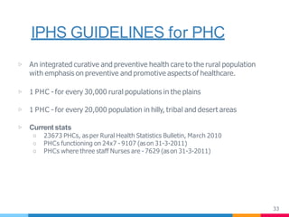 IPHS GUIDELINES for PHC
33
▷ An integrated curative and preventive health care to the rural population
with emphasis on preventive and promotive aspects of healthcare.
▷ 1 PHC - for every 30,000 rural populations in the plains
▷ 1 PHC - for every 20,000 population in hilly, tribal and desert areas
▷ Current stats
○ 23673 PHCs, as per Rural Health Statistics Bulletin, March 2010
○ PHCs functioning on 24x7 - 9107 (ason 31-3-2011)
○ PHCs where three staff Nurses are - 7629 (ason 31-3-2011)
 