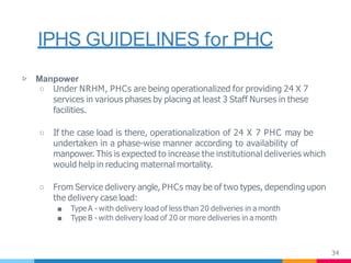IPHS GUIDELINES for PHC
34
▷ Manpower
○ Under NRHM, PHCs are being operationalized for providing 24 X 7
services in various phases by placing at least 3 Staff Nurses in these
facilities.
○ If the case load is there, operationalization of 24 X 7 PHC may be
undertaken in a phase-wise manner according to availability of
manpower. This is expected to increase the institutional deliveries which
would help in reducing maternal mortality.
○ From Service delivery angle, PHCs may be of two types, depending upon
the delivery case load:
■ Type A - with delivery load of less than 20 deliveries in a month
■ Type B - with delivery load of 20 or more deliveries in a month
 