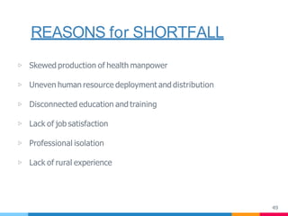 REASONS for SHORTFALL
49
▷ Skewed production of health manpower
▷ Uneven human resource deployment and distribution
▷ Disconnected education and training
▷ Lack of job satisfaction
▷ Professional isolation
▷ Lack of rural experience
 