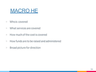 MACRO HE
54
▷ Whois covered
▷ What services are covered
▷ How much of the cost is covered
▷ How funds are to be raised and administered
▷ Broad picture for direction
 