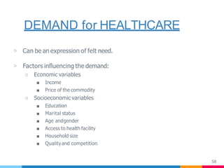 DEMAND for HEALTHCARE
58
▷ Can be an expression of felt need.
▷ Factors inﬂuencing the demand:
○ Economic variables
■ Income
■ Price of the commodity
○ Socioeconomic variables
■ Education
■ Marital status
■ Age andgender
■ Access to health facility
■ Household size
■ Qualityand competition
 