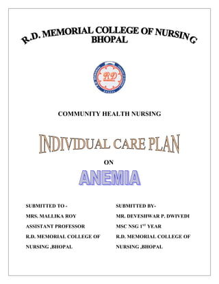 COMMUNITY HEALTH NURSING
ON
SUBMITTED TO - SUBMITTED BY-
MRS. MALLIKA ROY MR. DEVESHWAR P. DWIVEDI
ASSISTANT PROFESSOR MSC NSG 1ST
YEAR
R.D. MEMORIAL COLLEGE OF R.D. MEMORIAL COLLEGE OF
NURSING ,BHOPAL NURSING ,BHOPAL
 
