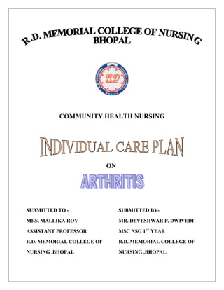 COMMUNITY HEALTH NURSING
ON
SUBMITTED TO - SUBMITTED BY-
MRS. MALLIKA ROY MR. DEVESHWAR P. DWIVEDI
ASSISTANT PROFESSOR MSC NSG 1ST
YEAR
R.D. MEMORIAL COLLEGE OF R.D. MEMORIAL COLLEGE OF
NURSING ,BHOPAL NURSING ,BHOPAL
 