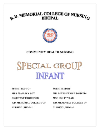 COMMUNITY HEALTH NURSING
SUBMITTED TO - SUBMITTED BY-
MRS. MALLIKA ROY MR. DEVESHWAR P. DWIVEDI
ASSISTANT PROFESSOR MSC NSG 1ST
YEAR
R.D. MEMORIAL COLLEGE OF R.D. MEMORIAL COLLEGE OF
NURSING ,BHOPAL NURSING ,BHOPAL
 