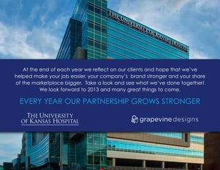At the end of each year we reflect on our clients and hope that we’ve
helped make your job easier, your company’s brand stronger and your share
of the marketplace bigger. Take a look and see what we’ve done together!
          We look forward to 2013 and many great things to come.

 Every Year Our Partnership Grows Stronger
 