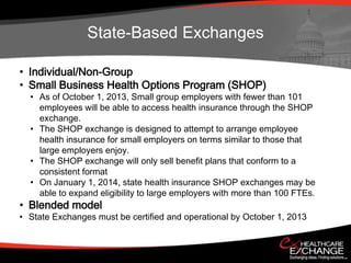 State-Based Exchanges

• Individual/Non-Group
• Small Business Health Options Program (SHOP)
  • As of October 1, 2013, Small group employers with fewer than 101
    employees will be able to access health insurance through the SHOP
    exchange.
  • The SHOP exchange is designed to attempt to arrange employee
    health insurance for small employers on terms similar to those that
    large employers enjoy.
  • The SHOP exchange will only sell benefit plans that conform to a
    consistent format
  • On January 1, 2014, state health insurance SHOP exchanges may be
    able to expand eligibility to large employers with more than 100 FTEs.
• Blended model
• State Exchanges must be certified and operational by October 1, 2013
 