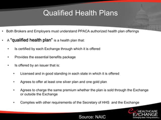 Qualified Health Plans

• Both Brokers and Employers must understand PPACA authorized health plan offerings

•   A “qualified      health plan” is a health plan that:
    •       Is certified by each Exchange through which it is offered

    •       Provides the essential benefits package

    •       Is offered by an issuer that is:

        •       Licensed and in good standing in each state in which it is offered

        •       Agrees to offer at least one silver plan and one gold plan

        •       Agrees to charge the same premium whether the plan is sold through the Exchange
                or outside the Exchange

        •       Complies with other requirements of the Secretary of HHS and the Exchange



                                                       Source: NAIC
 