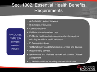 Sec. 1302. Essential Health Benefits
             Requirements

             • (A) Ambulatory patient services.
             • (B) Emergency services.
             • (C) Hospitalization.
             • (D) Maternity and newborn care.
PPACA Sec.
             • (E) Mental health and substance use disorder services,
1302(b)(1)
              including behavioral health treatment.
 services
             • (F) Prescription drugs.
 covered
             • (G) Rehabilitative and Rehabilitative services and devices.
 include:
             • (H) Laboratory services.
             • (I) Preventive and Wellness services and Chronic Disease
              Management.
             • (J) Pediatric services, including oral and vision care
 