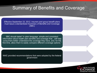 Summary of Benefits and Coverage

 Effective September 23, 2012, insurers and group benefit plans
 must issue a standardized Summary of Benefits and Coverage
                            (SBC)




     SBC should detail “in plain language, simple and consistent
information about health plan benefits and coverage that…will help
 consumers better understand the coverage they have, and, for the
first time, allow them to easily compare different coverage options.”




NAIC provided recommendations that were adopted by the federal
                       government
 