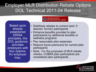 Employer MLR Distribution Rebate Options
    DOL Technical 2011-04 Release


  Based upon       • Distribute rebates to current (and, if
     already         desired, former) participants
   established     • Enhance benefits provided to plan
     ERISA           participants by additional benefits or
 principles, the     wellness programs
 DOL guidance      • Pay reasonable plan expenses
    provides       • Reduce future premiums for current plan
 employers with      participants
  four options.    • Note: For the purposes of MLR rebate
  An employer        checks, COBRA plan participants are
      may:           considered plan participants.
 