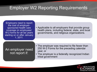 Employer W2 Reporting Requirements


 Employers need to report
   the cost of employer-
  sponsored health care        • Applicable to all employers that provide group
 coverage on employees’          health plans, including federal, state, and local
W-2 forms for all tax years      governments, and religious organizations.
starting on or after January
          1, 2011.


                               • The employer was required to file fewer than
                                 250 W-2 Forms for the preceding calendar
An employer need                 year, or
   not report if:              • The employer is a federally recognized Indian
                                 tribal government
 