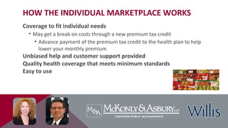 HOW THE INDIVIDUAL MARKETPLACE WORKS
Coverage to fit individual needs
• May get a break on costs through a new premium tax credit
• Advance payment of the premium tax credit to the health plan to help
lower your monthly premium
Unbiased help and customer support provided
Quality health coverage that meets minimum standards
Easy to use
 