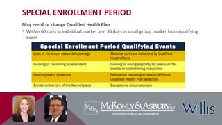 SPECIAL ENROLLMENT PERIOD
May enroll or change Qualified Health Plan
• Within 60 days in individual market and 30 days in small group market from qualifying
event
Special Enrollment Period Qualifying Events
Loss of minimum essential coverage Material contract violations by Qualified
Health Plans
Gaining or becoming a dependent Gaining or losing eligibility for premium tax
credits or cost sharing reductions
Gaining lawful presence Relocation resulting in new or different
Qualified Health Plan selection
Enrollment errors of the Marketplace Exceptional circumstances
 