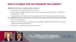 WHO IS ELIGIBLE FOR THE PREMIUM TAX SUBSIDY?
Eligibility for the new tax subsidy/credit is based on:
• Household income and family size for the year
• Income between 100% to 400% of the Federal Poverty Level (FPL) ($23,550 – $94,200 for a
family of four in 2013)
• Ineligibility for other health benefits coverage, other than the individual insurance market
Tax subsidy/credit amount depends on income as percentage of the Federal Poverty Level (FPL)
• Based on a sliding scale
• Based on the cost of the second lowest silver Qualified Health Plan, adjusted for the age and
rating area of the covered person
• Limits premium payments as a percent of income
 