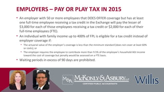 EMPLOYERS – PAY OR PLAY TAX IN 2015
• An employer with 50 or more employees that DOES OFFER coverage but has at least
one full-time employee receiving a tax credit in the Exchange will pay the lesser of
$3,000 for each of those employees receiving a tax credit or $2,000 for each of their
full-time employees (FTE).
• An individual with family income up to 400% of FPL is eligible for a tax credit instead of
employer coverage if:
• The actuarial value of the employer’s coverage is less than the minimum standard (does not cover at least 60%
or costs); or
• The employer requires the employee to contribute more than 9.5% of the employee’s household AGI income
toward the cost of coverage but penalty would be assessed on a FTE basis.
• Waiting periods in excess of 90 days are prohibited.
 