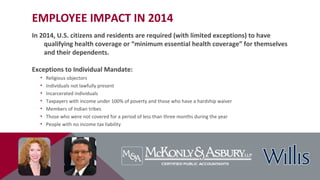 EMPLOYEE IMPACT IN 2014
In 2014, U.S. citizens and residents are required (with limited exceptions) to have
qualifying health coverage or “minimum essential health coverage” for themselves
and their dependents.
Exceptions to Individual Mandate:
• Religious objectors
• Individuals not lawfully present
• Incarcerated individuals
• Taxpayers with income under 100% of poverty and those who have a hardship waiver
• Members of Indian tribes
• Those who were not covered for a period of less than three months during the year
• People with no income tax liability
 