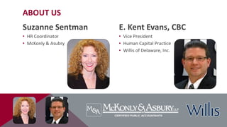 Suzanne Sentman
• HR Coordinator
• McKonly & Asubry
E. Kent Evans, CBC
• Vice President
• Human Capital Practice
• Willis of Delaware, Inc.
ABOUT US
 