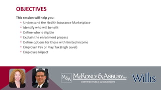 OBJECTIVES
This session will help you:
• Understand the Health Insurance Marketplace
• Identify who will benefit
• Define who is eligible
• Explain the enrollment process
• Define options for those with limited income
• Employer Pay or Play Tax (High Level)
• Employee Impact
 