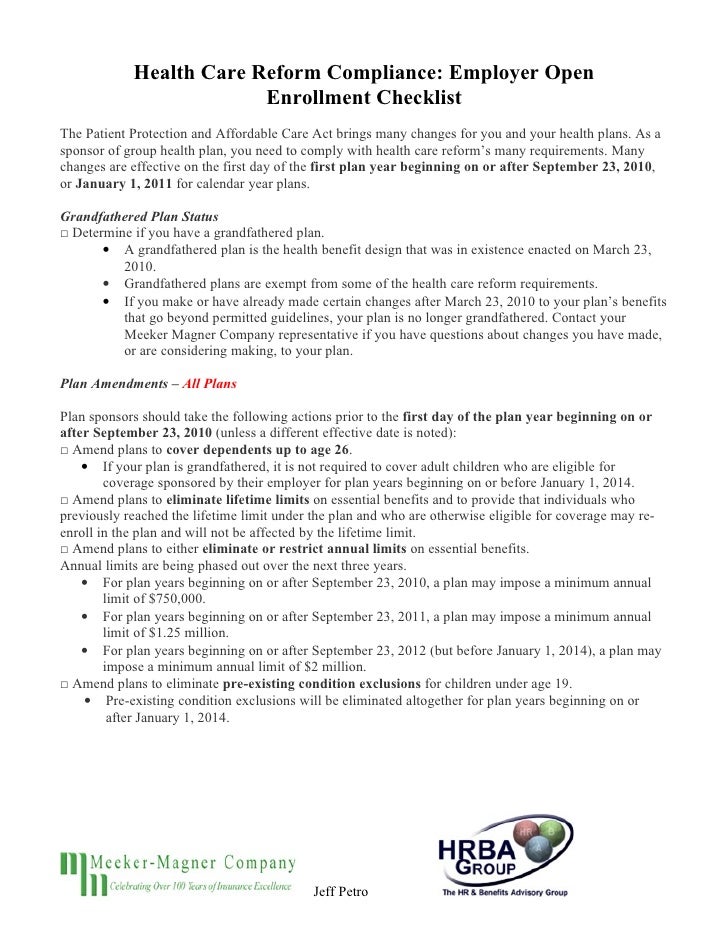 Health Care Reform Compliance Checklist