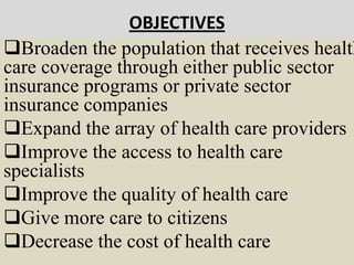 OBJECTIVESBroaden the population that receives health care coverage through either public sector insurance programs or private sector insurance companies