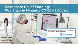 Healthcare Relief Funding:
Five Steps to Maximize COVID-19 Dollars
Greg Anderson, CPA/ABV, CVA, HORNE LLP
Jeff Grandia, MBA, SVP, Sales
 