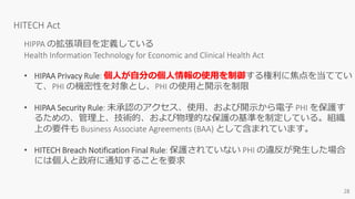 HITECH Act
HIPPA の拡張項目を定義している
Health Information Technology for Economic and Clinical Health Act
• HIPAA Privacy Rule: 個人が自分の個人情報の使用を制御する権利に焦点を当ててい
て、PHI の機密性を対象とし、PHI の使用と開示を制限
• HIPAA Security Rule: 未承認のアクセス、使用、および開示から電子 PHI を保護す
るための、管理上、技術的、および物理的な保護の基準を制定している。組織
上の要件も Business Associate Agreements (BAA) として含まれています。
• HITECH Breach Notification Final Rule: 保護されていない PHI の違反が発生した場合
には個人と政府に通知することを要求
 