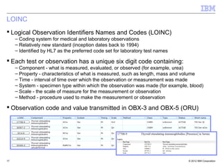© 2012 IBM Corporation
LOINC
 Logical Observation Identifiers Names and Codes (LOINC)
– Coding system for medical and laboratory observations
– Relatively new standard (inception dates back to 1994)
– Identified by HL7 as the preferred code set for laboratory test names
 Each test or observation has a unique six digit code containing:
– Component - what is measured, evaluated, or observed (for example, urea)
– Property - characteristics of what is measured, such as length, mass and volume
– Time - interval of time over which the observation or measurement was made
– System - specimen type within which the observation was made (for example, blood)
– Scale - the scale of measure for the measurement or observation
– Method - procedure used to make the measurement or observation
 Observation code and value transmitted in OBX-3 and OBX-5 (ORU)
17
 