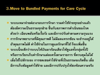 






ระบบเหมาจ่ายต่อวงรอบการรักษา รวมค่าใช้จายทุกอย่างแล้ว
่
ต้องมีความเป็ นธรรมทุกฝ่ าย ขึ้นกับสภาพการดาเนินของโรค
ด้วยว่า เฉียบพลันหรือเรื้อรัง และมีการปรับค่าตามความรุนแรง
การรักษาพยาบาลที่มีคณภาพดี ไม่มีผลแทรกซ้อน จะธารงอยูได้
ุ
่
ถ้าคุณภาพไม่ดี ค่าใช้จายในการดูแลรักษาที่ใช้ ก็จะเพิ่มขึ้น
่
ระบบนี้จะดีกว่าระบบให้เงินมาก้อนเดียวให้ดแลทั้งกลุมทั้งปี
ู
่
หรือการเรียกเก็บค่ารักษาแต่ละครั้งตามรายการ ที่ควบคุมไม่ได้
เมื่อใช้ไปสักระยะ การชดเชยค่าใช้จายที่เป็ นธรรมจะเกิดขึ้น เมื่อ
่
มีการเก็บข้อมูลค่าใช้จาย และมีการปรับปรุงให้สะท้อนความจริง
่

 