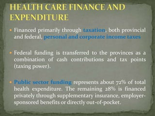 Financed primarily through taxation, both provincial and federal, personal and corporate income taxesFederal funding is transferred to the provinces as a combination of cash contributions and tax points (taxing power).Public sector funding represents about 72% of total health expenditure. The remaining 28% is financed privately through supplementary insurance, employer-sponsored benefits or directly out-of-pocket.HEALTH CARE FINANCE AND EXPENDITURE