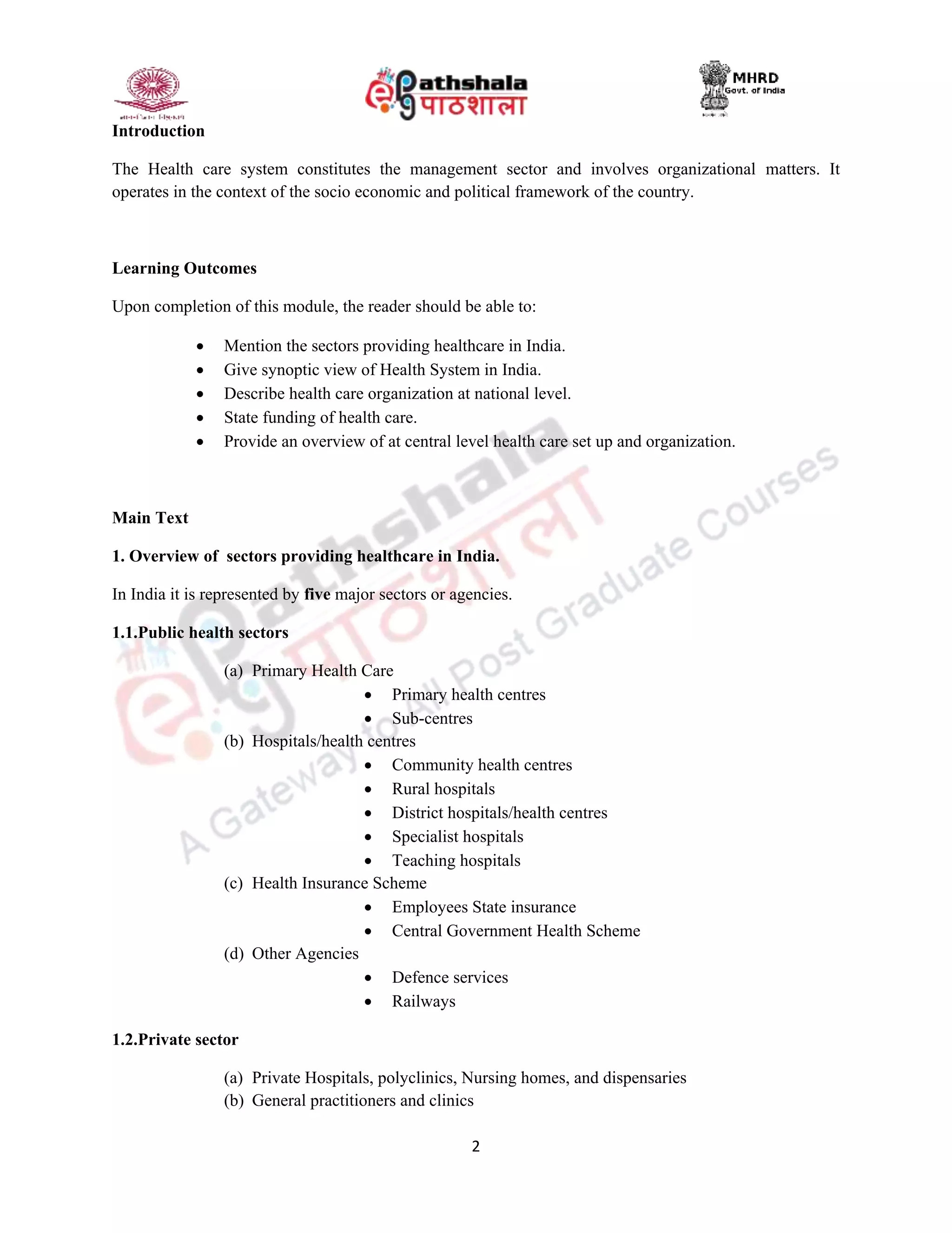 Health care system in india at central level | PDF