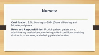 Nurses:
Qualification: B.Sc. Nursing or GNM (General Nursing and
Midwifery) diploma.
Roles and Responsibilities: Providing direct patient care,
administering medications, monitoring patient conditions, assisting
doctors in procedures, and offering patient education
 